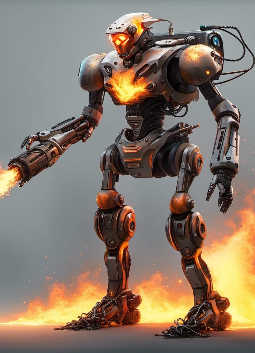 Humanoid robot with a flamethrower 8k resolution concept art extra ...