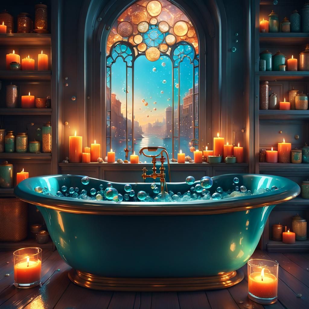 Candle lit bubble bath time for relaxing  by @Tiny Pearl Cat
