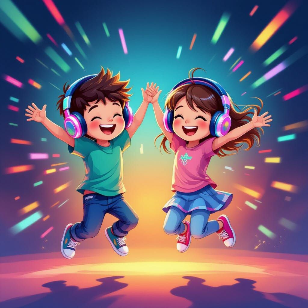 Joyful Twins Jumping with Colorful Lights