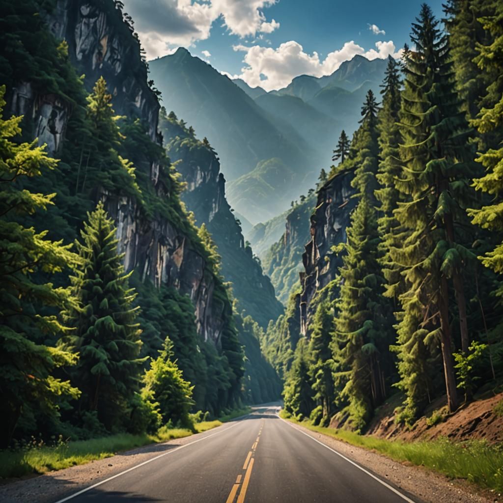 Empty old road behind you are mountains and blue sky  tall t...