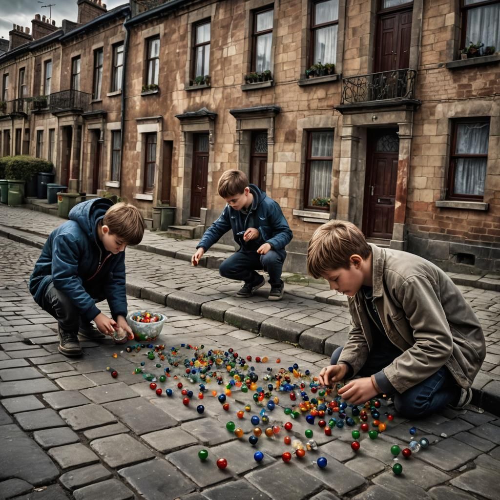 Two young boys playing a game with glass marbles in a street with old terrace houses  by @Calum