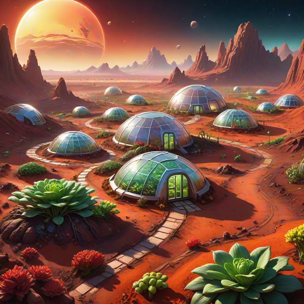 Martian greenhouses filled with colorful alien crops..  by @Jeaniel