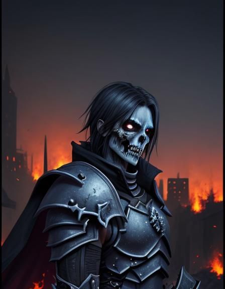 a male undead Death Knight with a Burning City background