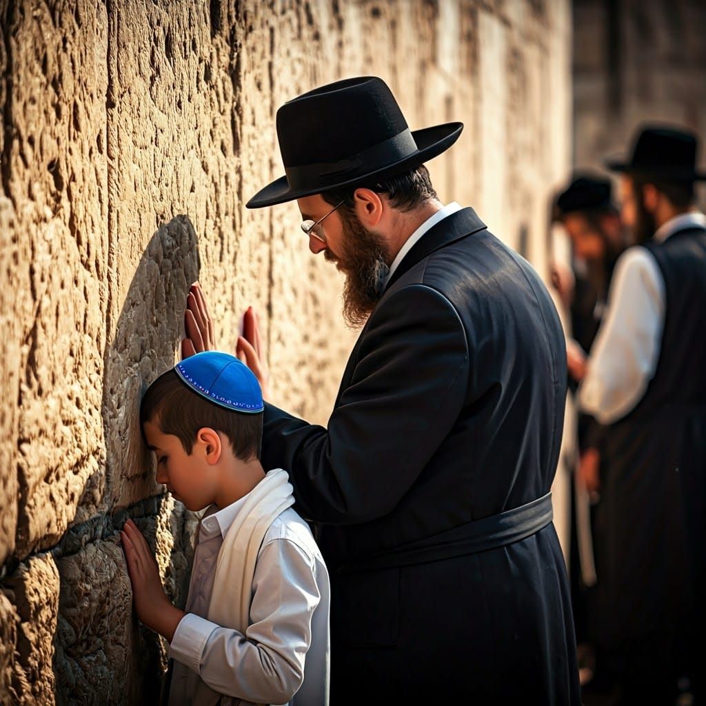 Hasidic Man and Boy Praying at Western Wall