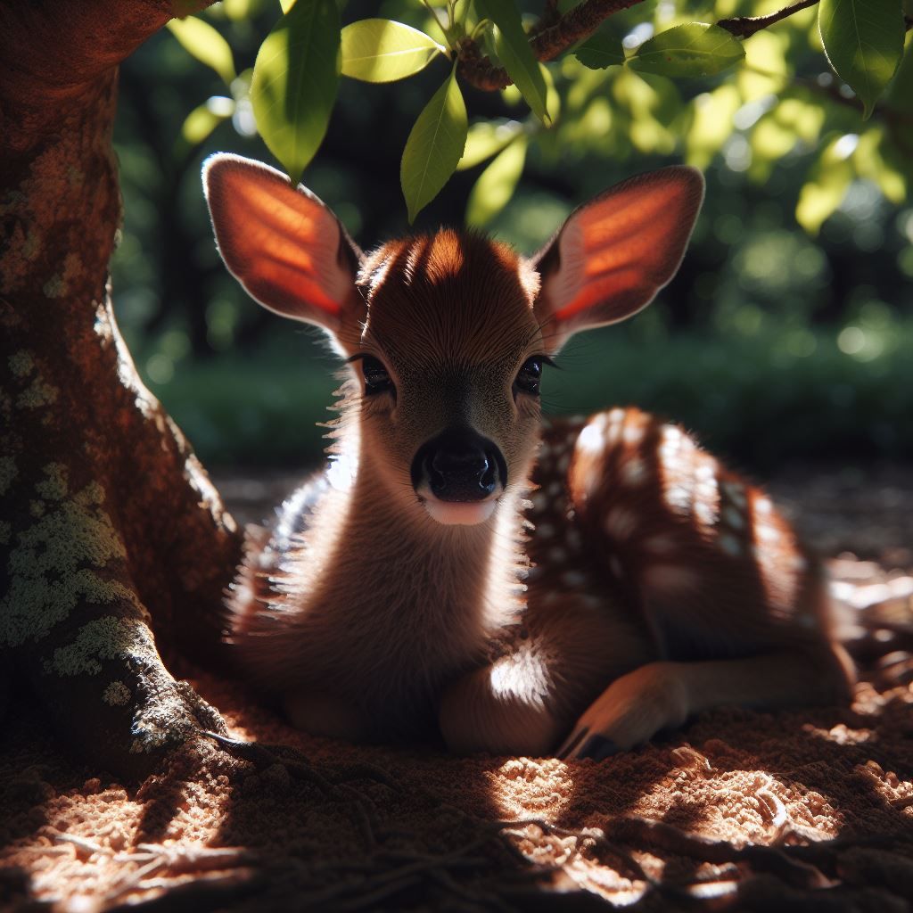 Little fawn under the shadows of a tree