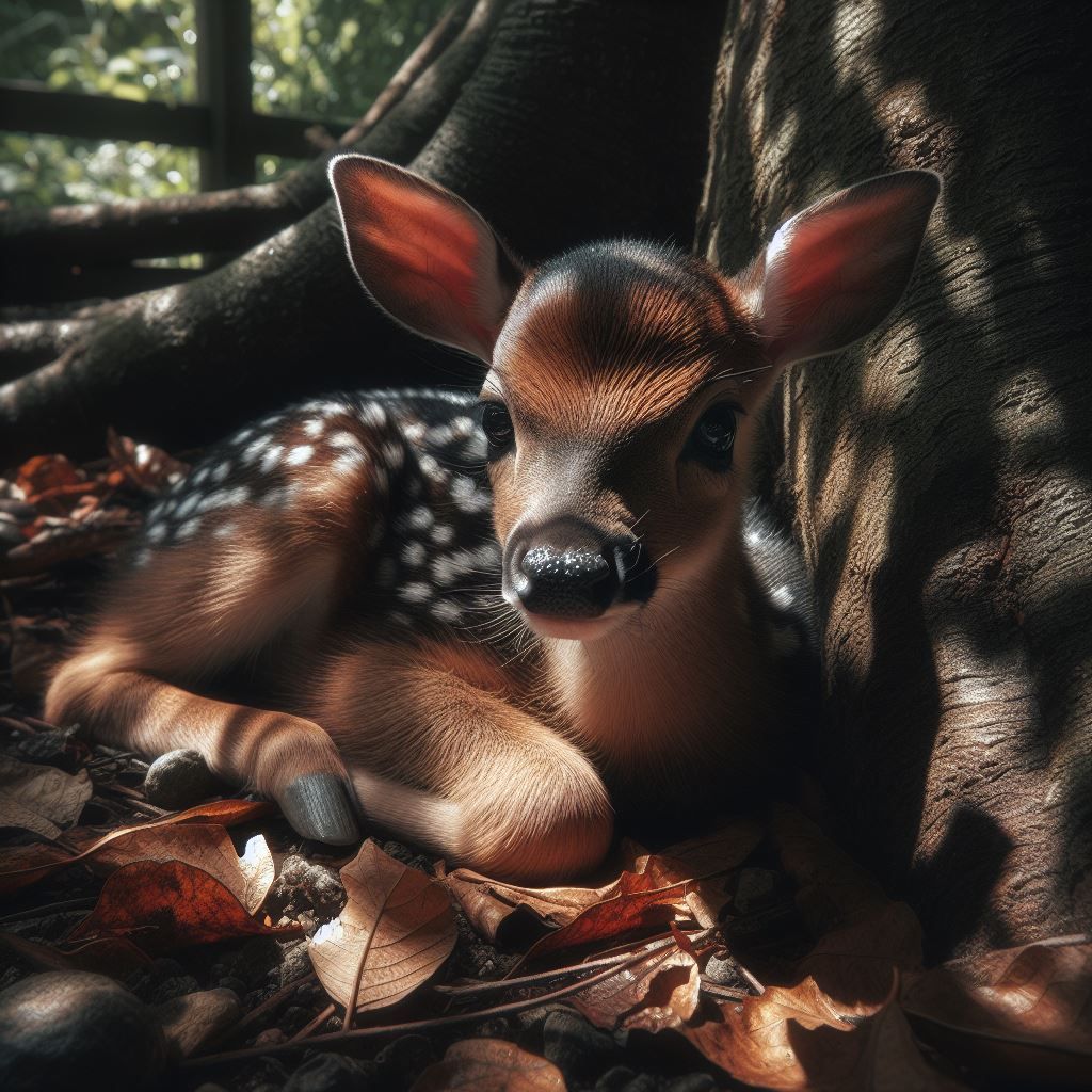 Little fawn under the shadows of a tree