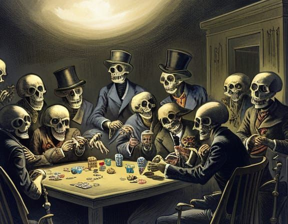 A Group Of Skeletons Playing Poker. Horror Gustave Doré Greg Rutkowski 