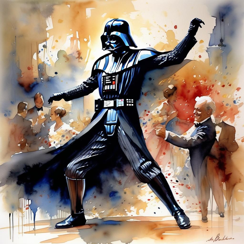 Darth Vader dancing the salsa, ballroom, arabesque, watercol...