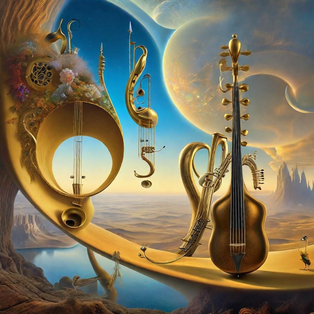 a fantastical surreal landscape with musical instruments salvadore dali ...