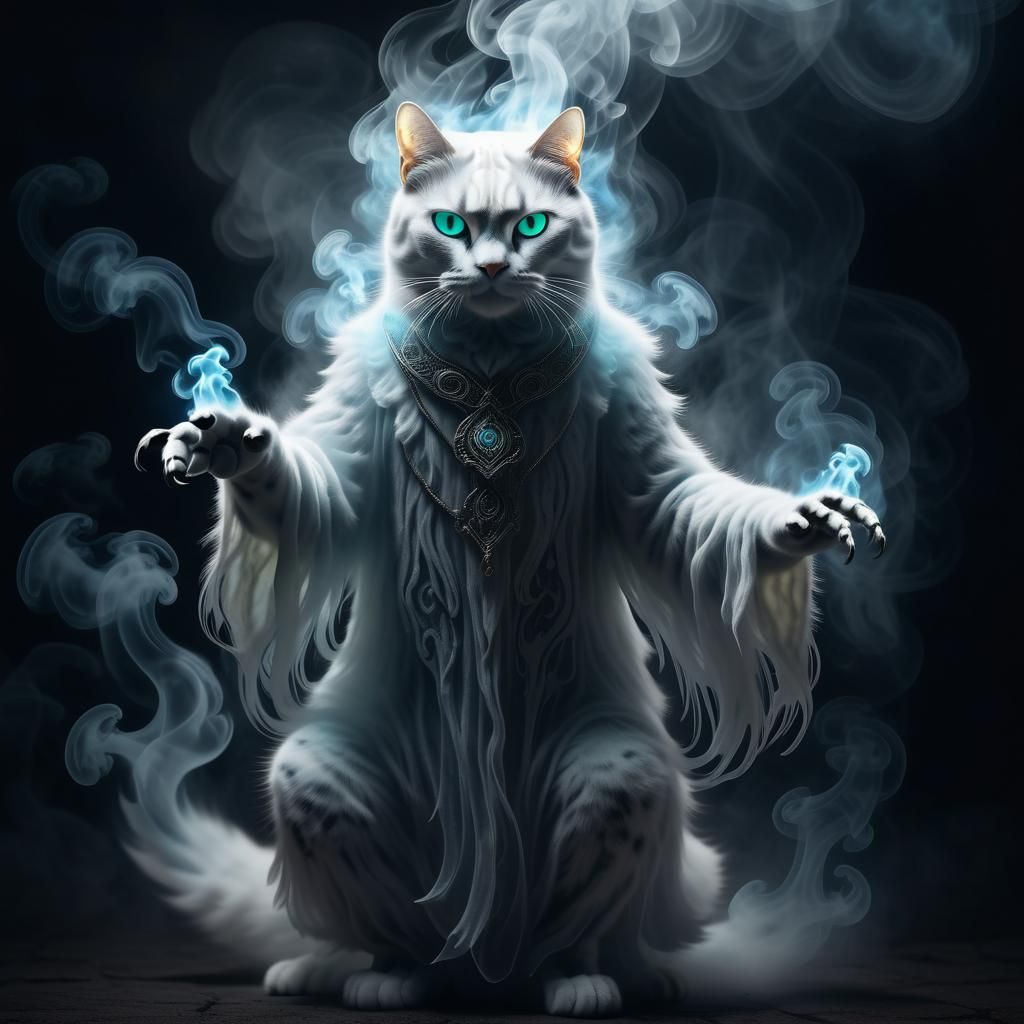 Ghostly scary humanoid ghost cat made of glowing transparent...