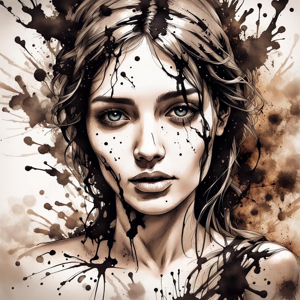 Gorgeous Angelic woman made out of black ink splashes, ink drawing ...