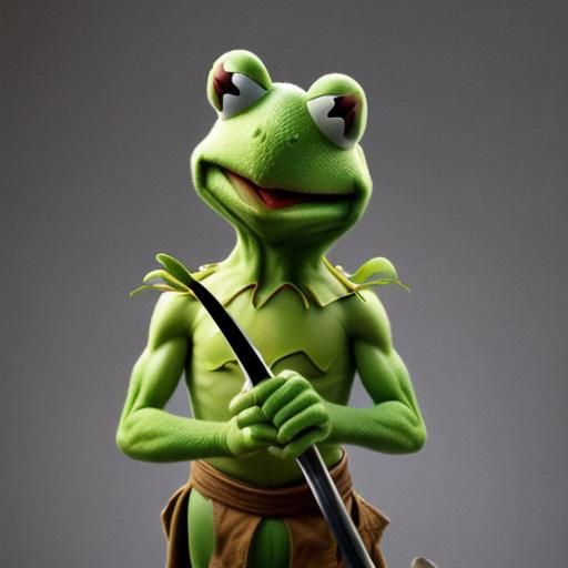 A lifelike incredibly muscular Kermit the frog wielding a sword AI