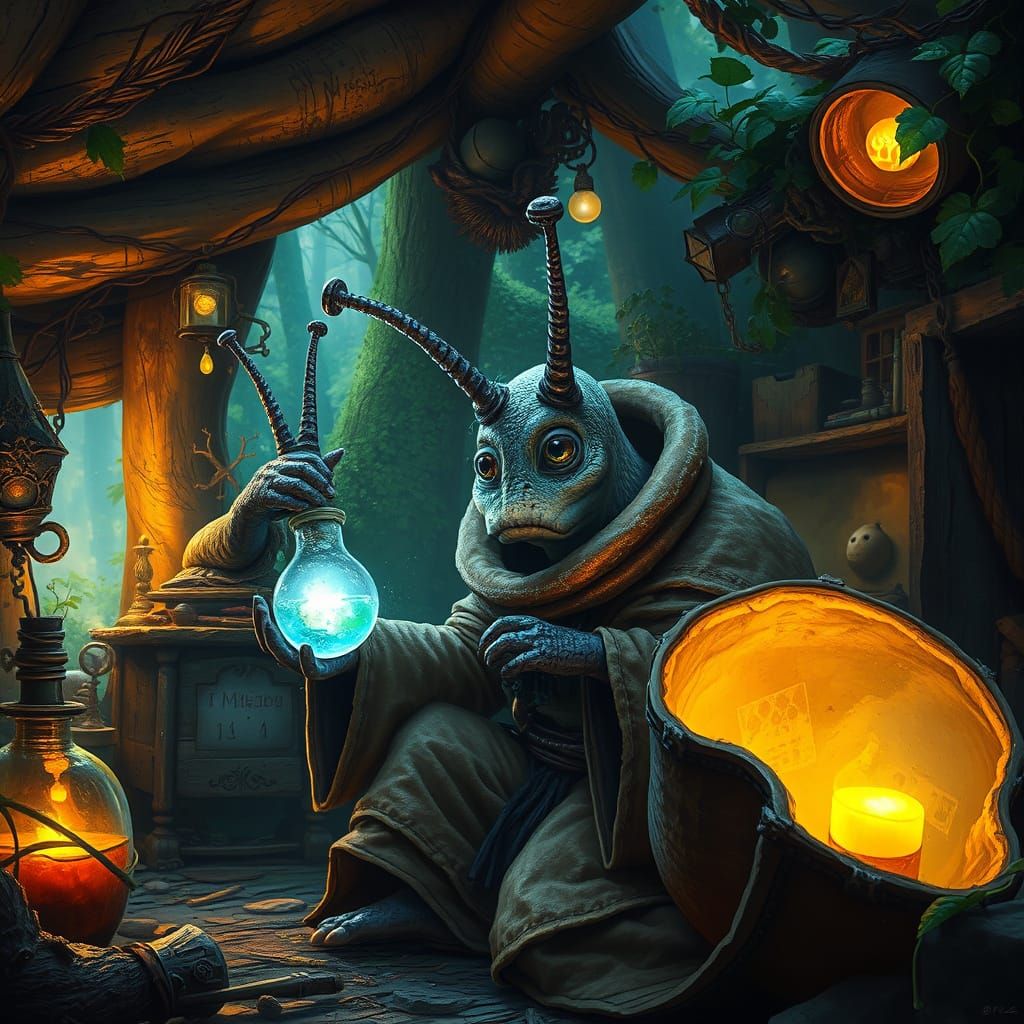 High fantasy epic snail alchemist curiously looking at their potion, snail alchemist, snail shell, scenic woodland shack interior, high deta...
