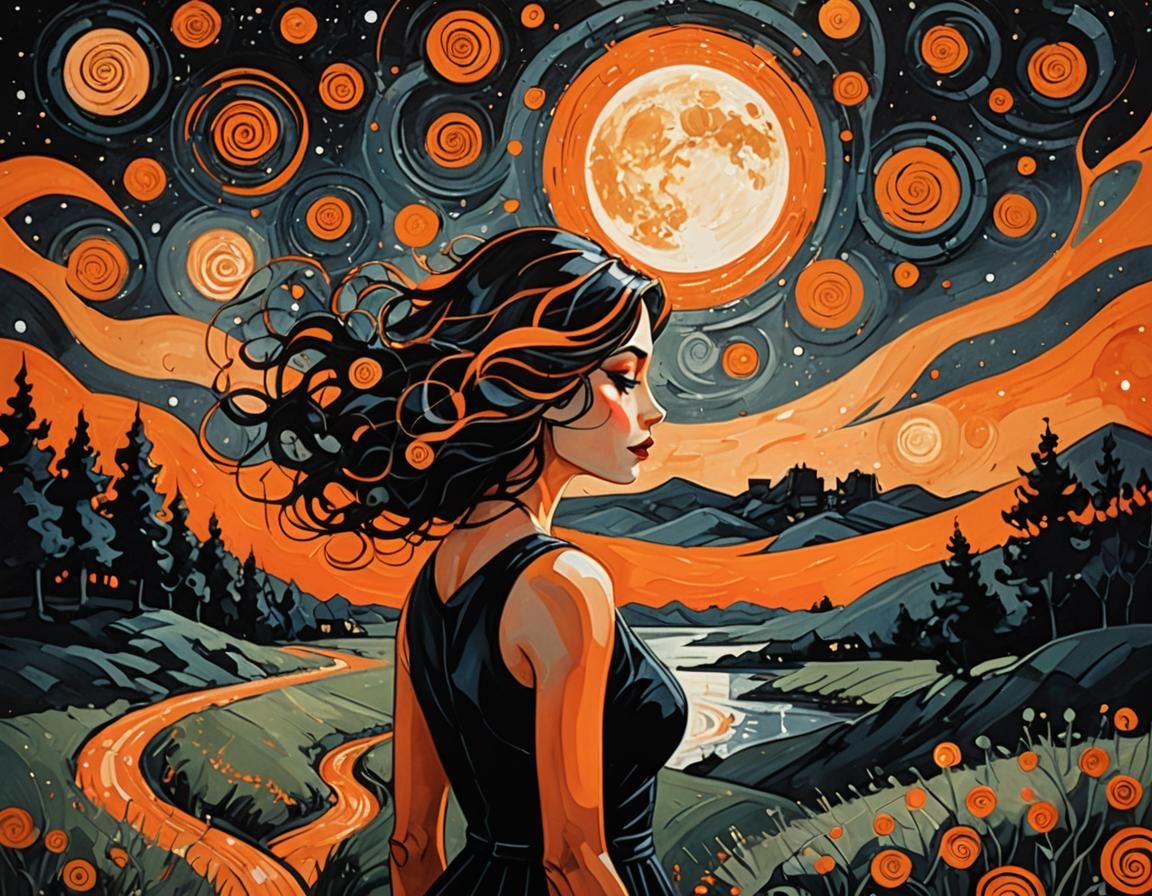Comic Noir Expressionism Whimsical woman, moonlit landscape,...