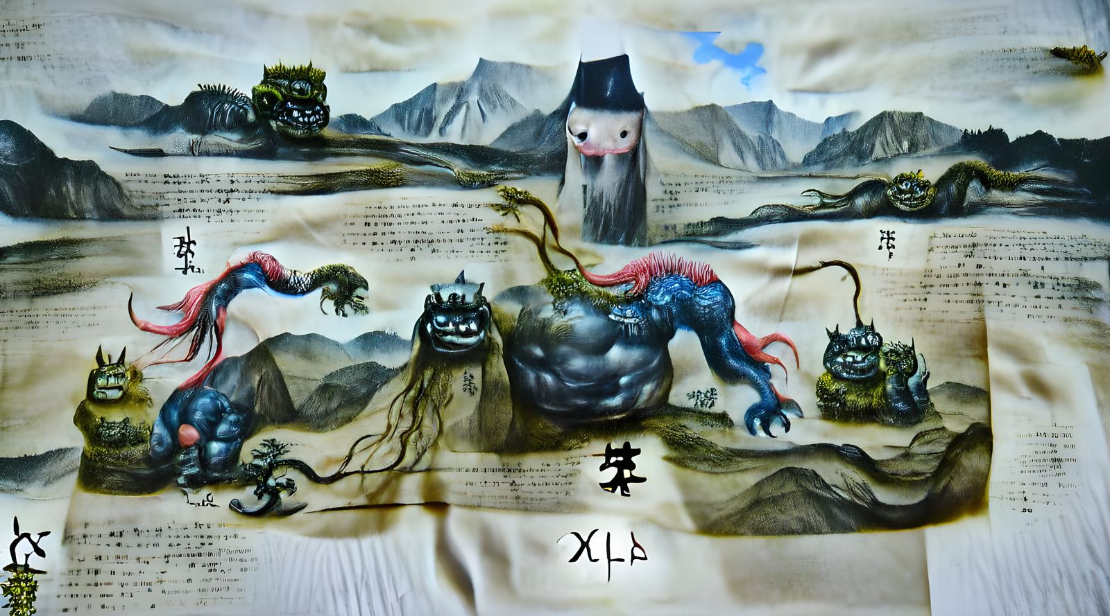 exquisite alchemical monster in its landscape chinese ink pa...