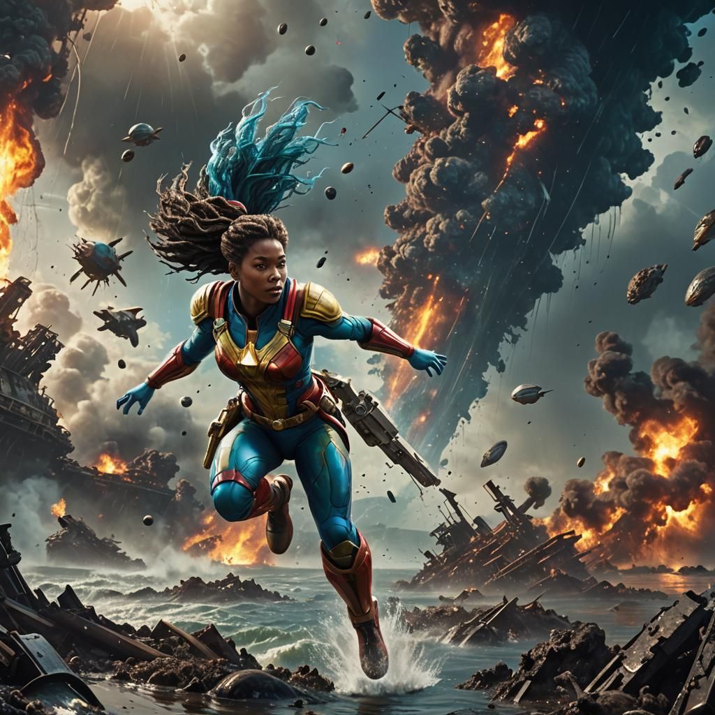 Female captain planet flying over a oil spill