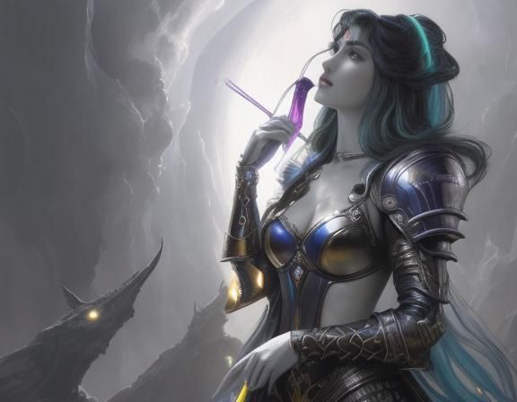 full body shot of a female paladin protagonist of an alien w...