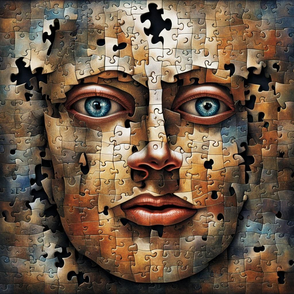 fragmented jigsaw puzzle face composed of puzzle pieces, symbolizing ...