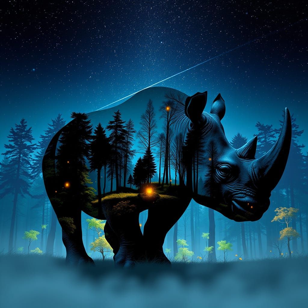 Majestic Rhinoceros Silhouette in Vibrant Nighttime Forest