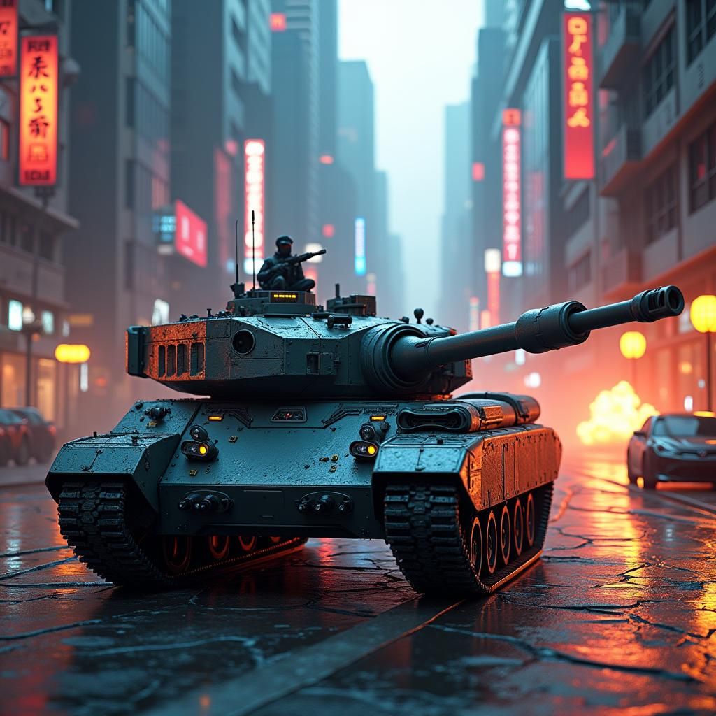 Futuristic Tank in Dystopian Metropolis: Matte Painting