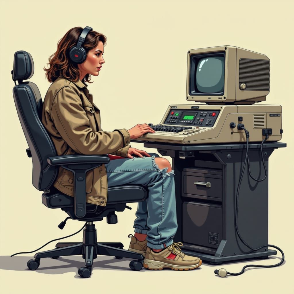 <lora:Future Obsolete:1.0> person sitting in a office chair, full body visible, both hands resting on knees, legs bent naturally, CRT monito...