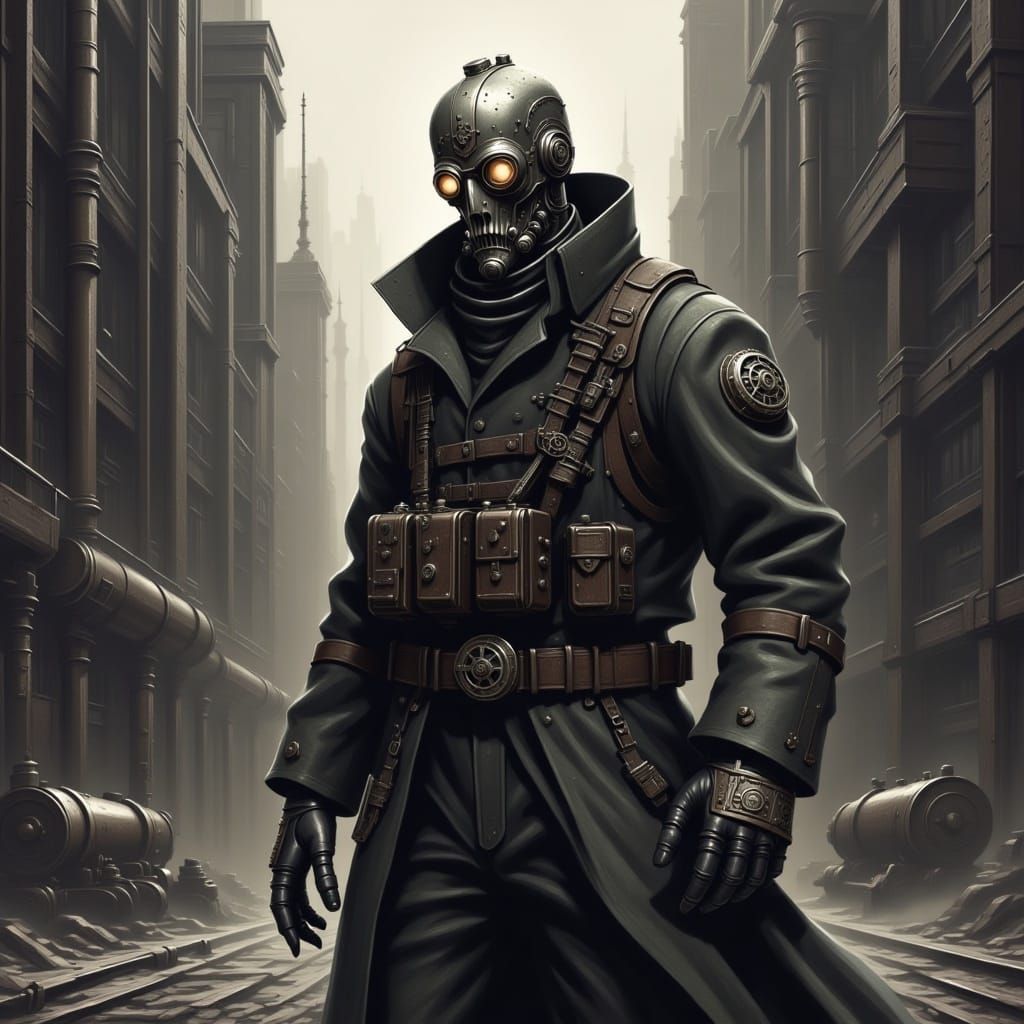  <lora:Dieselpunk Flux:1.0> A faceless inquisitor walking along the streets, intimidating, dieselpunk