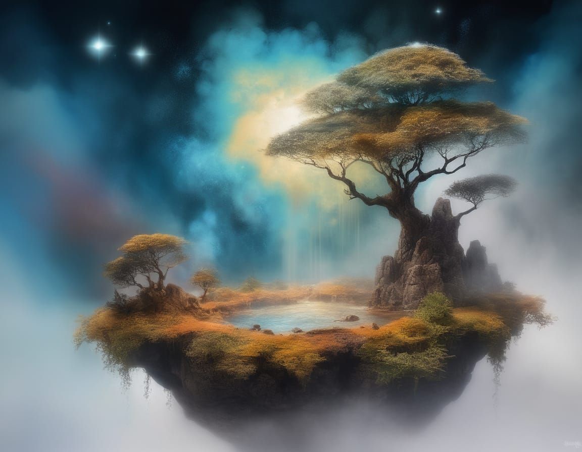 "a floating island in space, drifting through a nebula. The island is covered in strange plants and megalithic ...  by @Derrell Mcclure