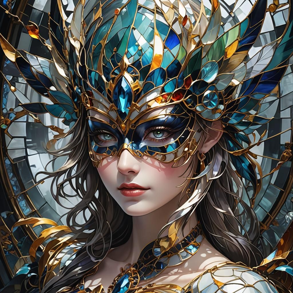 stained_glass_art_of_goddess, glass masquerade mask, mosaic-...