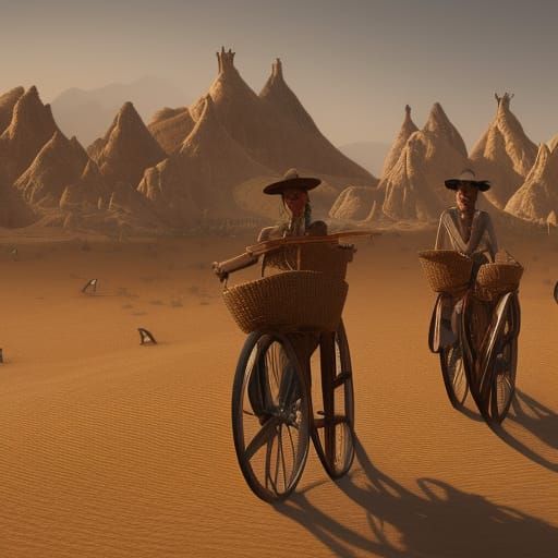 Scarecrow Cyclists in Futuristic Desert Landscape