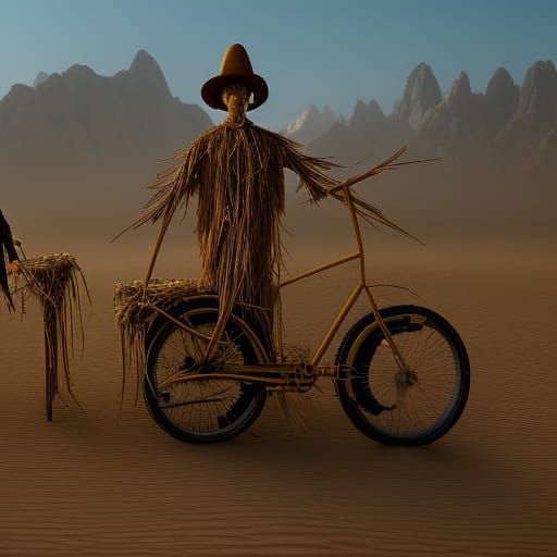 Scarecrows on Straw Bicycles in Desert, Year 3000