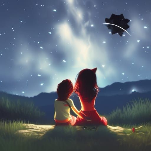 a girl and a black cat looking at the stars, campfire, night...