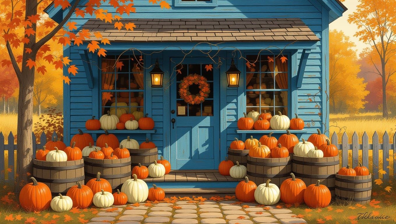 Charming Pumpkin Shop in Rockwell Style Autumn Scene
