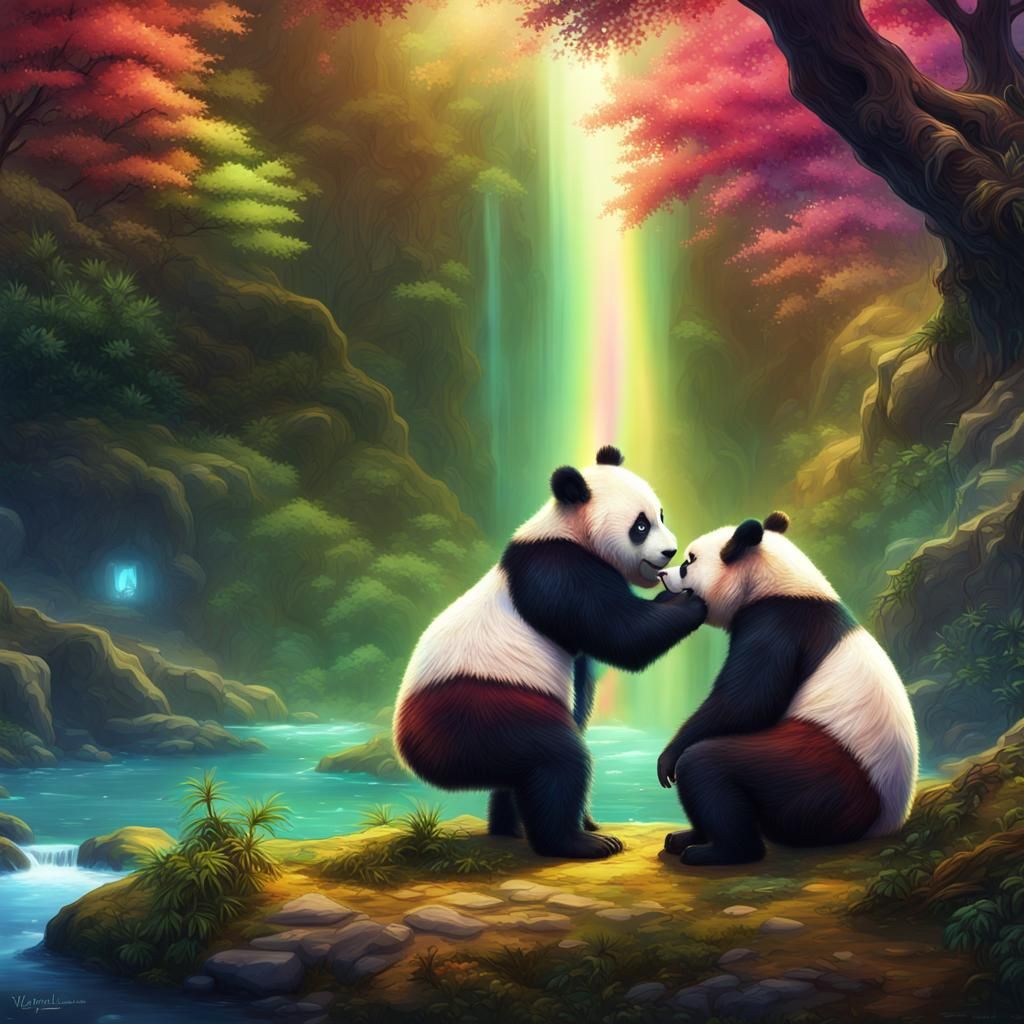 Panda Bears catching a kiss.