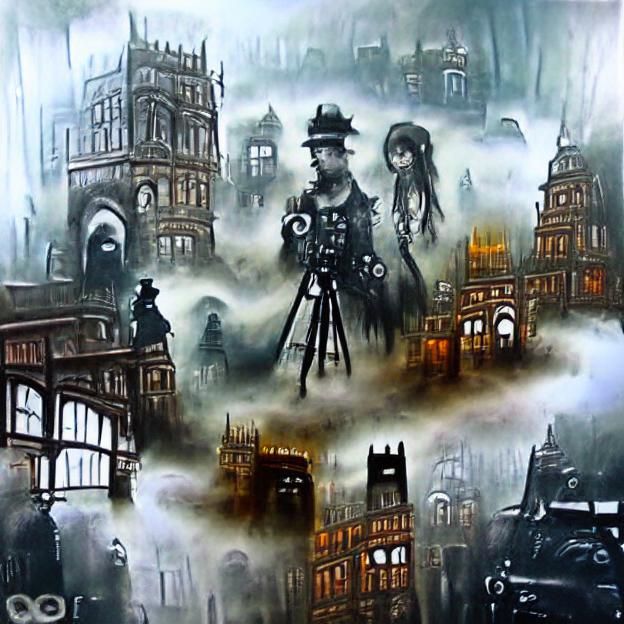 dark victorian city covered in fog filled with ghosts steamp...