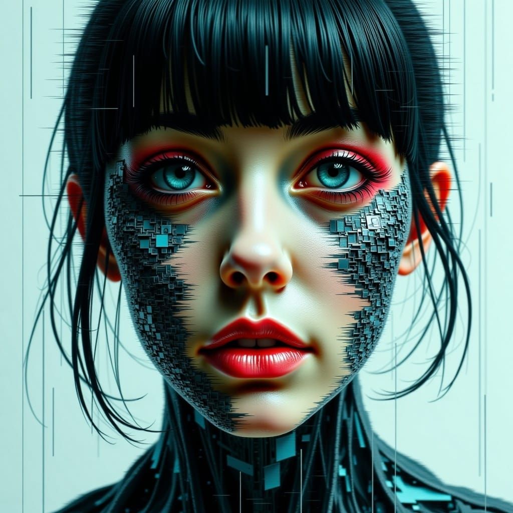 <lora:Ghost in the machine:1.2> Ghosts in the machine. Remnants, Detailed glitchy defective portrait of a woman:: ghost frequencies, artefac...