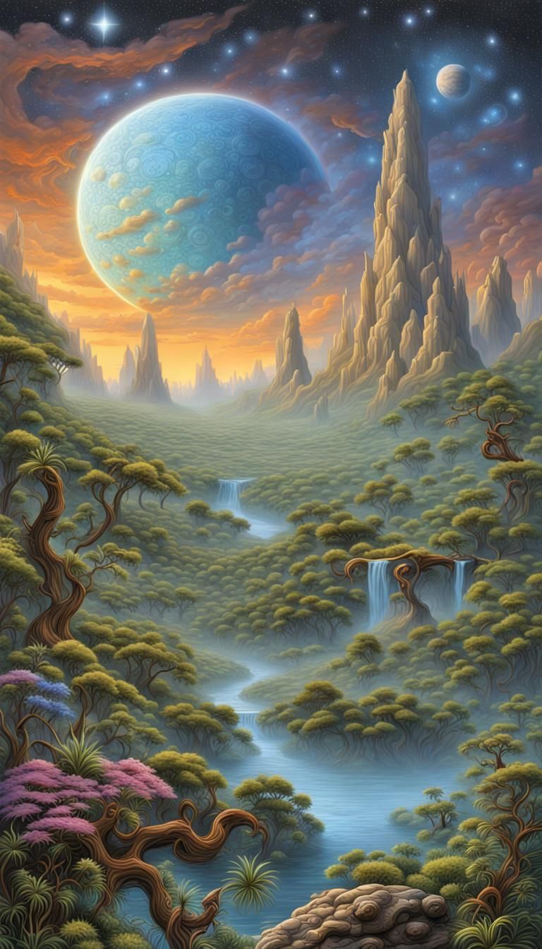 Beautiful fantasy landscape, realistic and natural, cosmic sky ...
