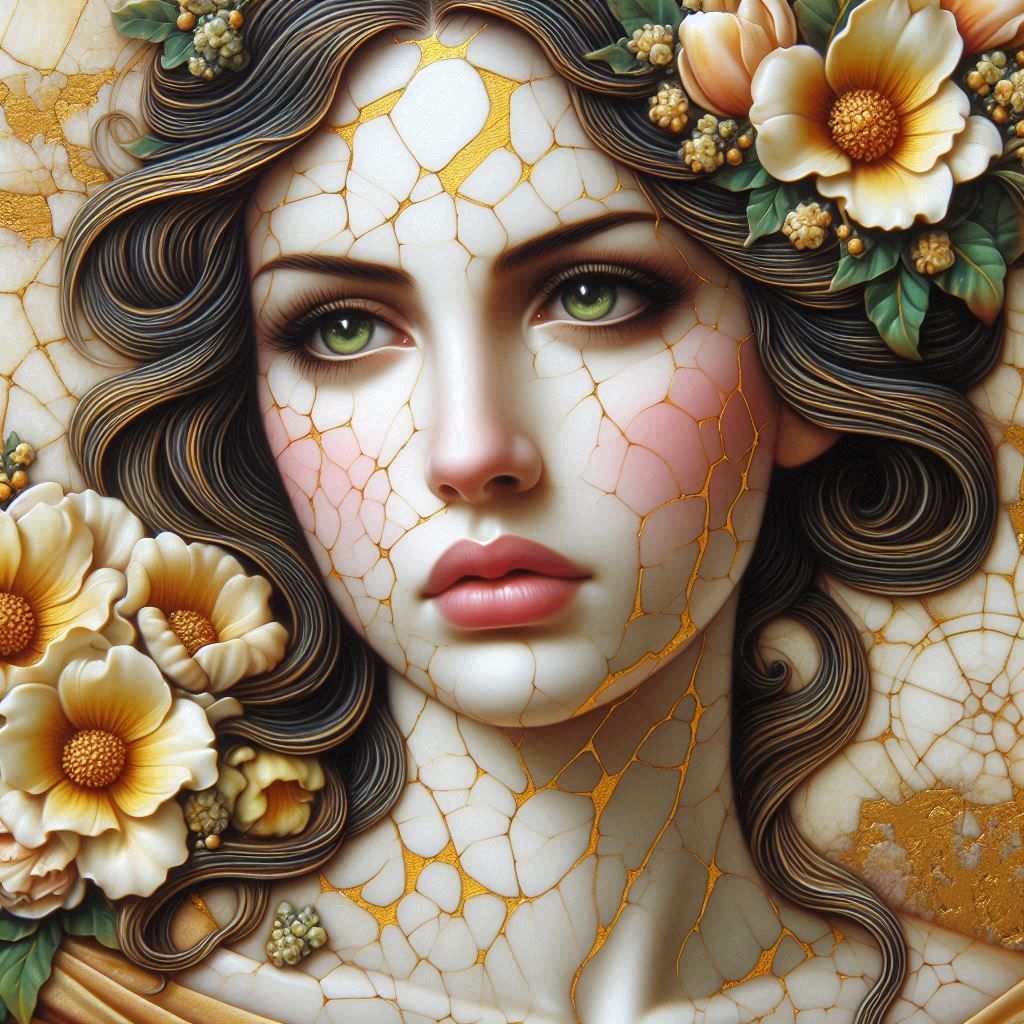 Profile of beautiful marble woman with flowers