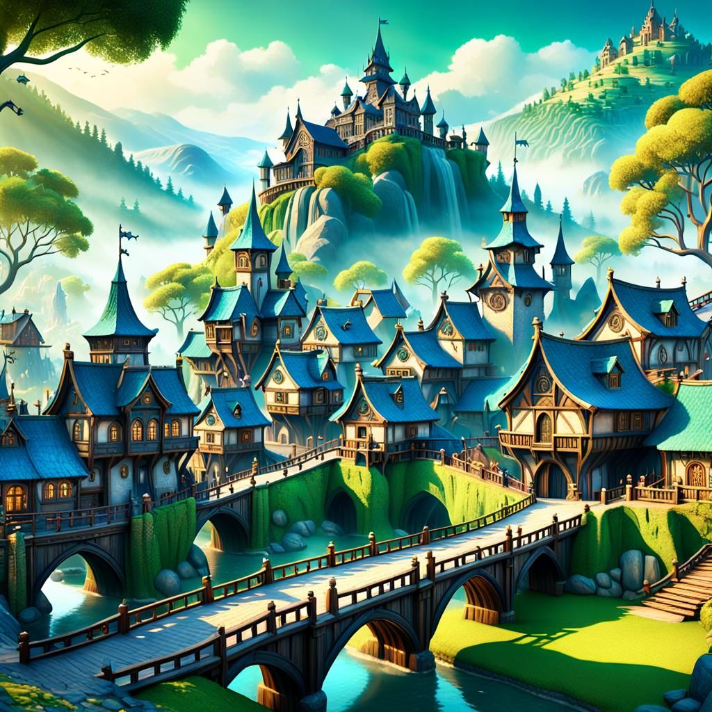 Vibrant Fantasy Village in Emerald and Sapphire