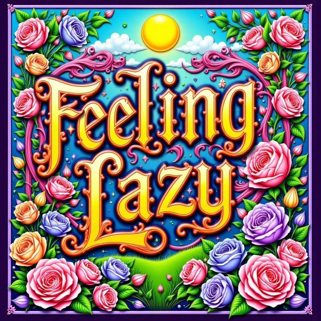 the words "Feeling Lazy" written in rainbow smoke font over an easter themed image, psychedelic <lora:Words:1.0> <lora:Capital letters:1.0>
