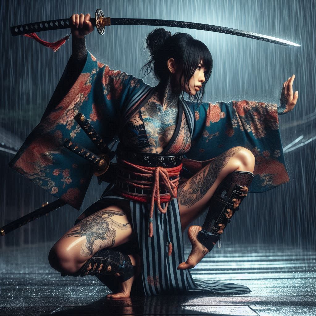 Japanese Female Warrior Training In The Rain