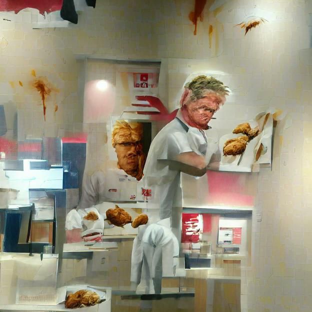 Sad Gordon Ramsay working at KFC hyperrealism