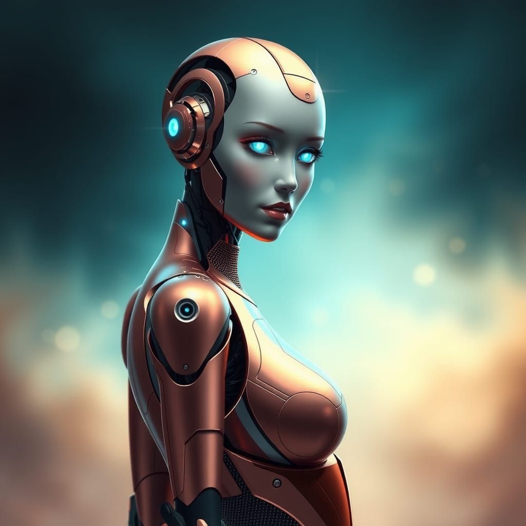 A shiny robot girl with human face watching to the camera fu...