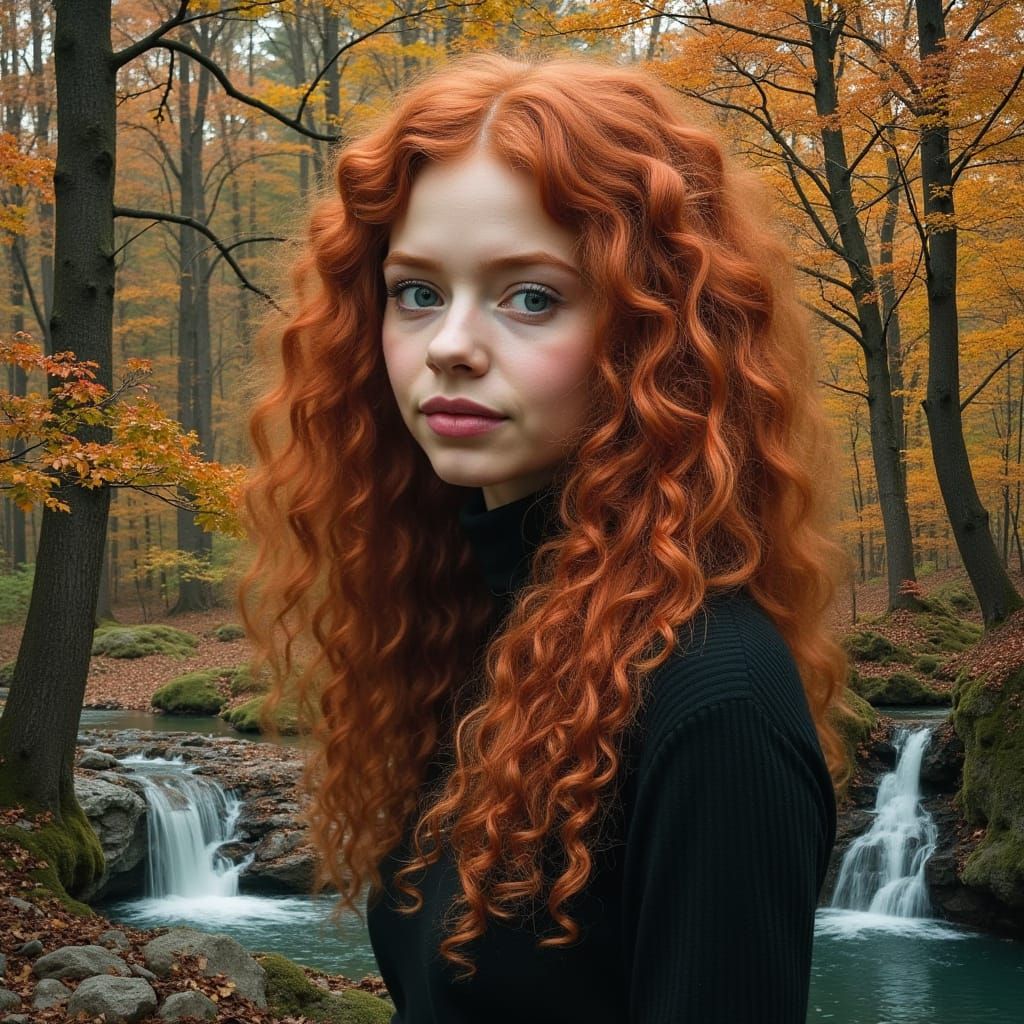 Lilith with long curly Red hair with an autumn forest overlayed with scenes of a waterfall, river, lake, and sunset. Whimsical, Double expos...
