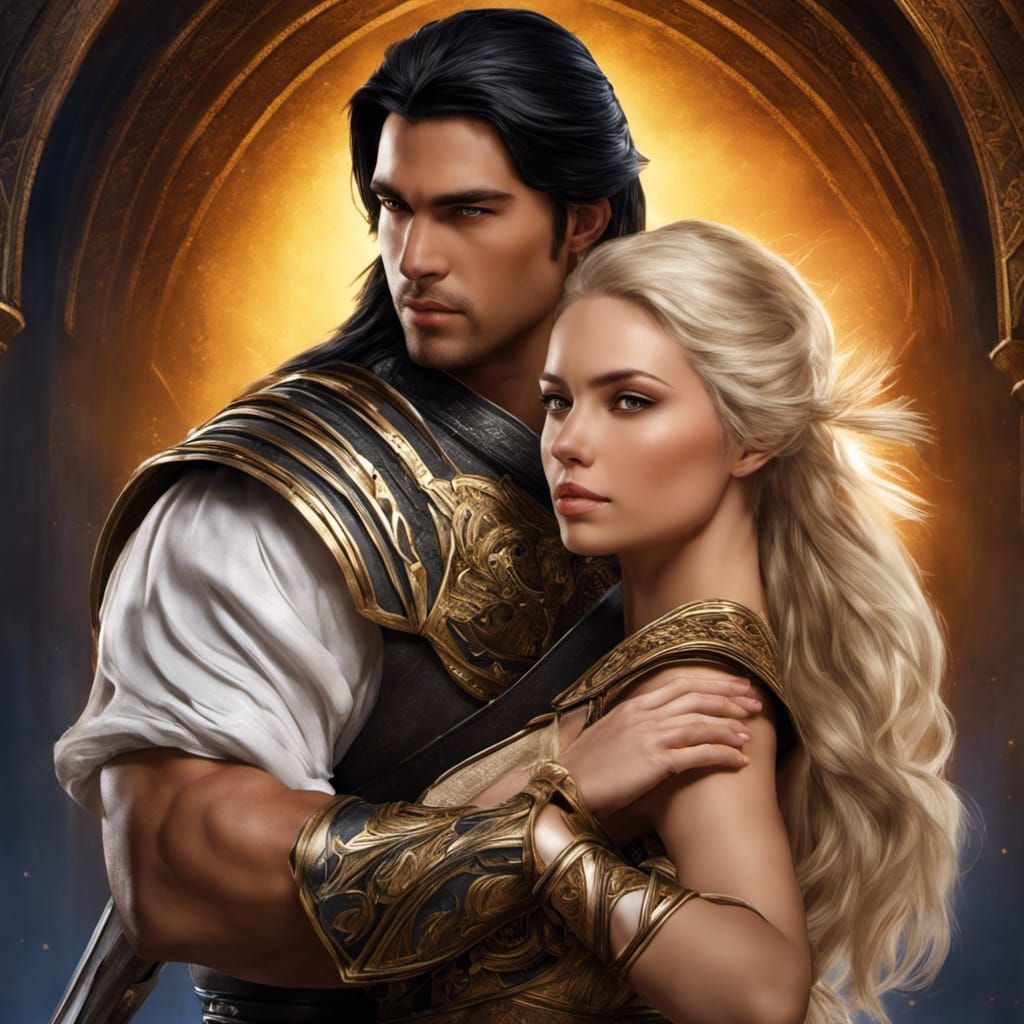 beautiful_blonde_princess embracing handsome_warrior_with_black_hair ...