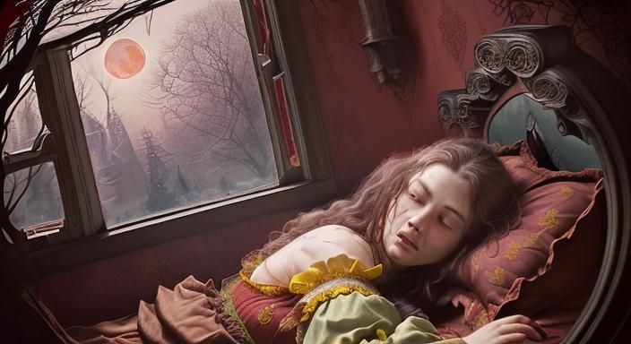druid outside  window looking in at woman sleeping on Victor...
