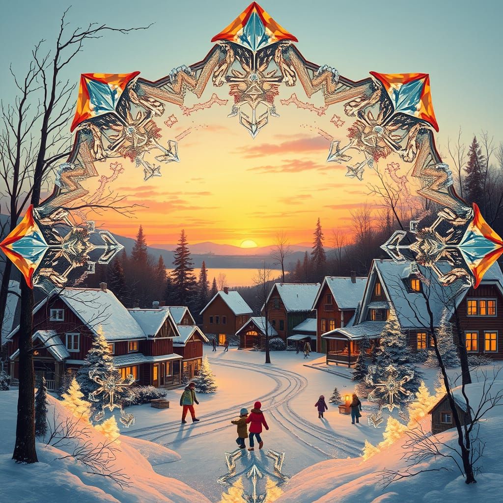 Sunset Village Seen Through Snowflake, Hyperrealistic 3D Ren...