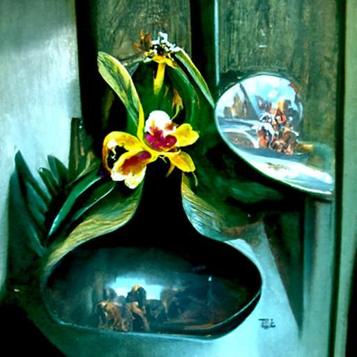 Mirror next to an orchid