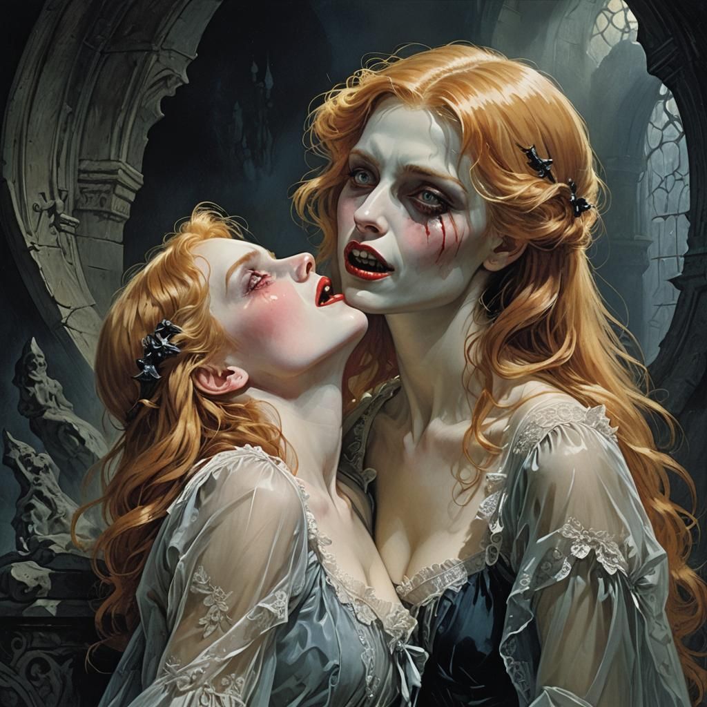 A beautiful red-headed female vampire biting the neck of a cute blonde woman in a transparent nighty.