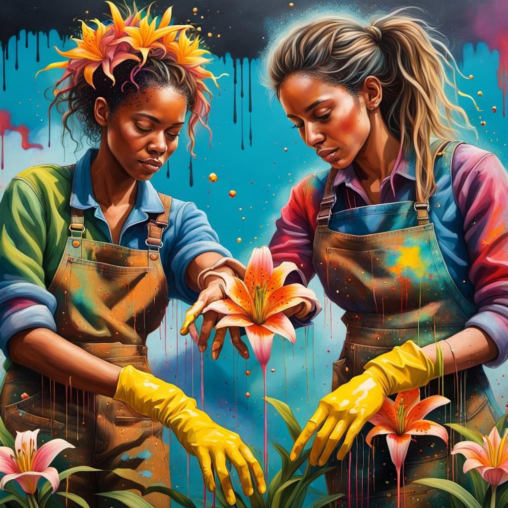 Vibrant street art, splash art. Medium shot. Two female gard...