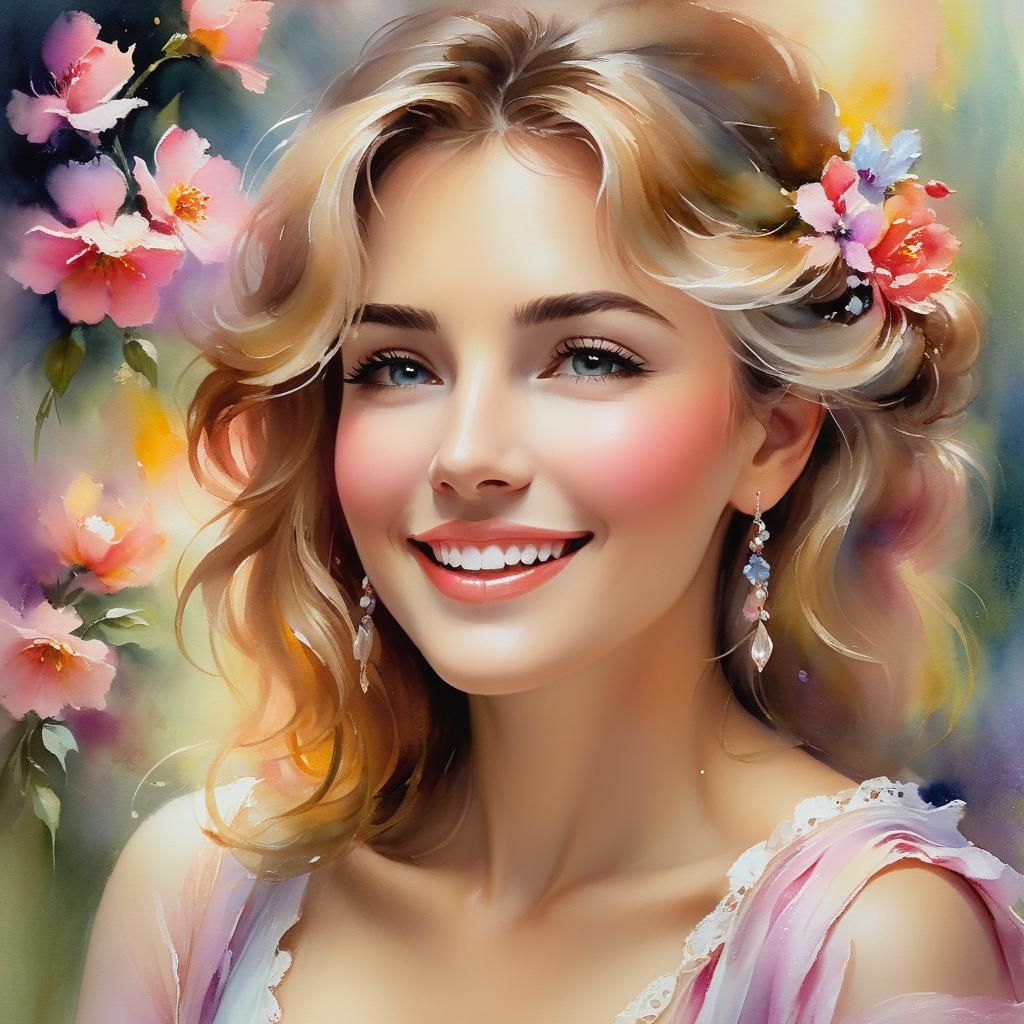 Charming Woman Smiling in Dreamy Watercolor Impasto Style